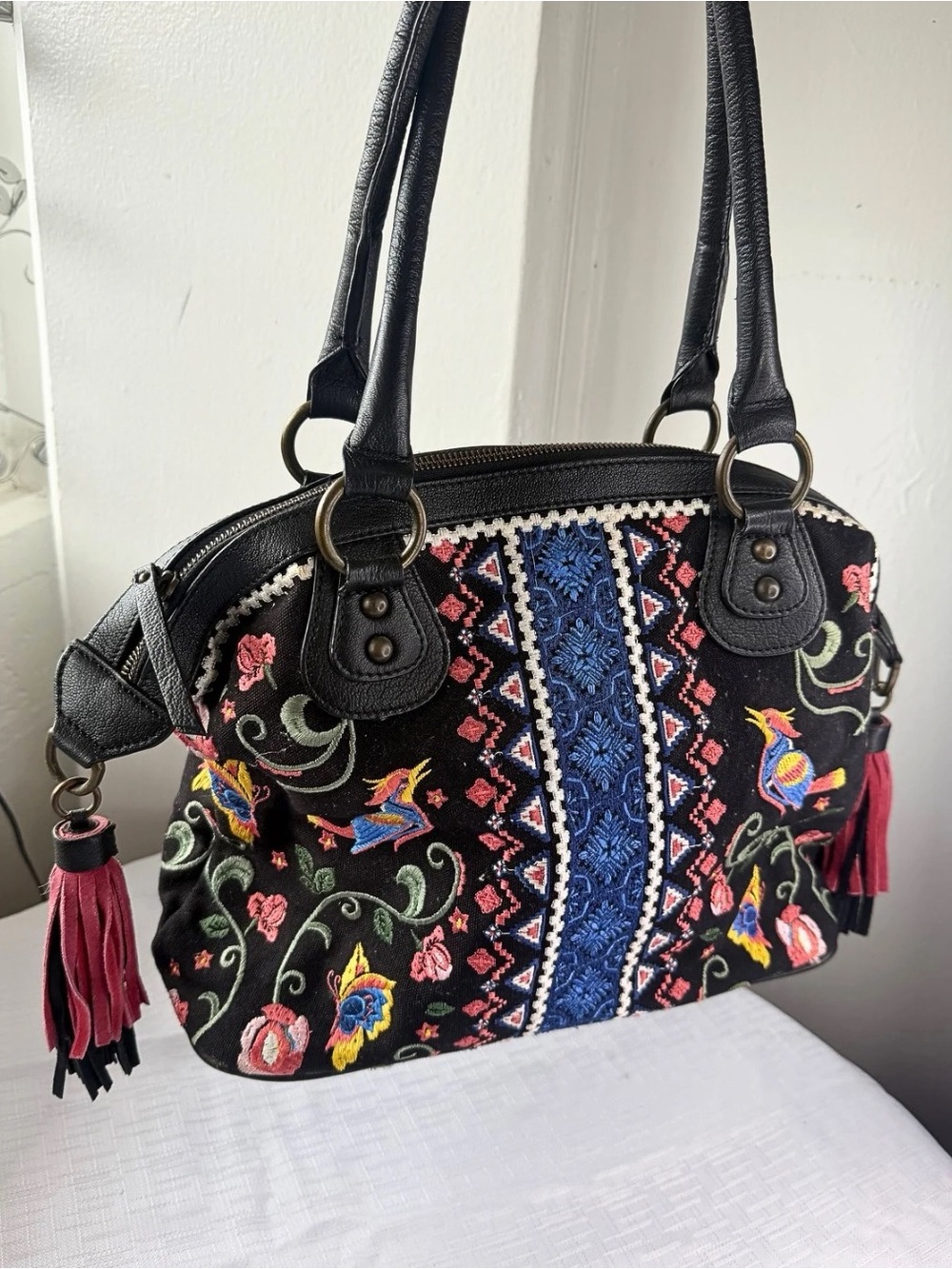 Sharif Studio NYC Embroidered Boho Shoulder Bag Floral Bird Tassel Purse